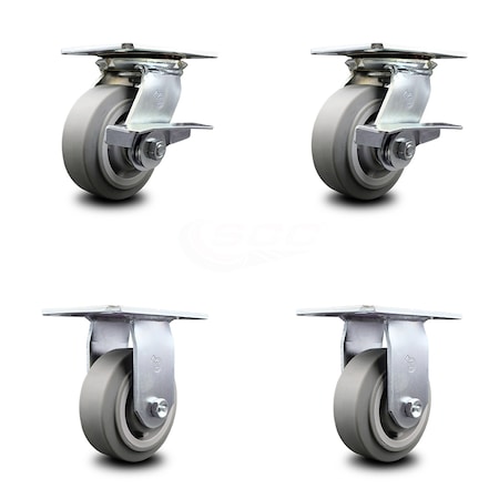 Service Caster 5 Inch Thermoplastic Caster Set with Ball Bearing 2 Brakes and 2 Rigid SCC SCC-35S520-TPRBF-SLB-2-R-2